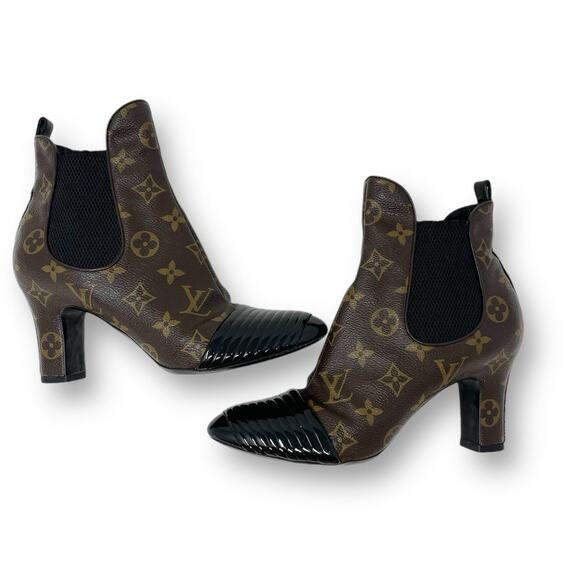 Louis Vuitton Monogram Revival Heel Ankle Boots Canvas Leather Brown Black EU 37 - Picture 2 of 14
